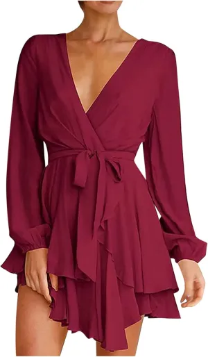 tuduoms Summer Wrap Peplum Dress for Women V Neck Long Sleeve Irregular Dress Waist Tie Ruffle Mini Flowy Skater Dresses