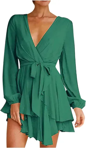 tuduoms Summer Wrap Peplum Dress for Women V Neck Long Sleeve Irregular Dress Waist Tie Ruffle Mini Flowy Skater Dresses