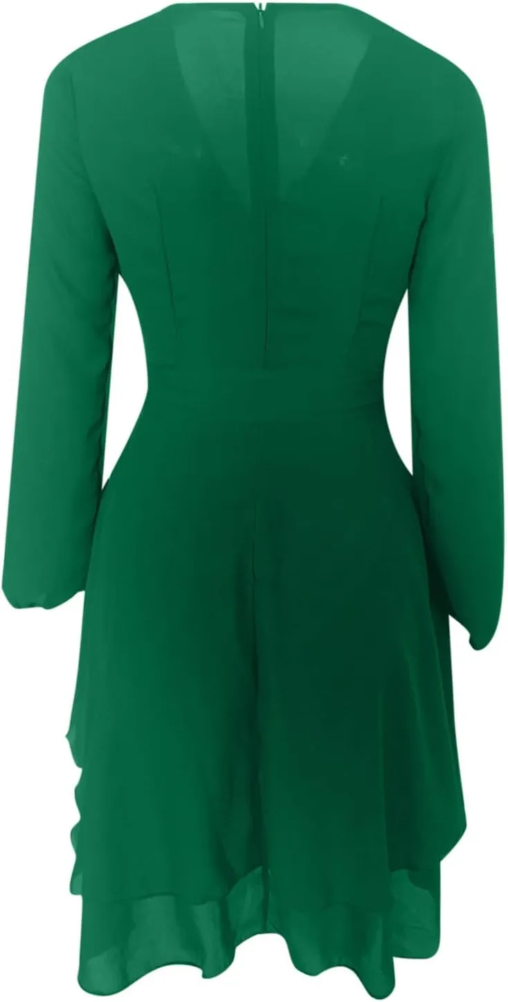 tuduoms Summer Wrap Peplum Dress for Women V Neck Long Sleeve Irregular Dress Waist Tie Ruffle Mini Flowy Skater Dresses