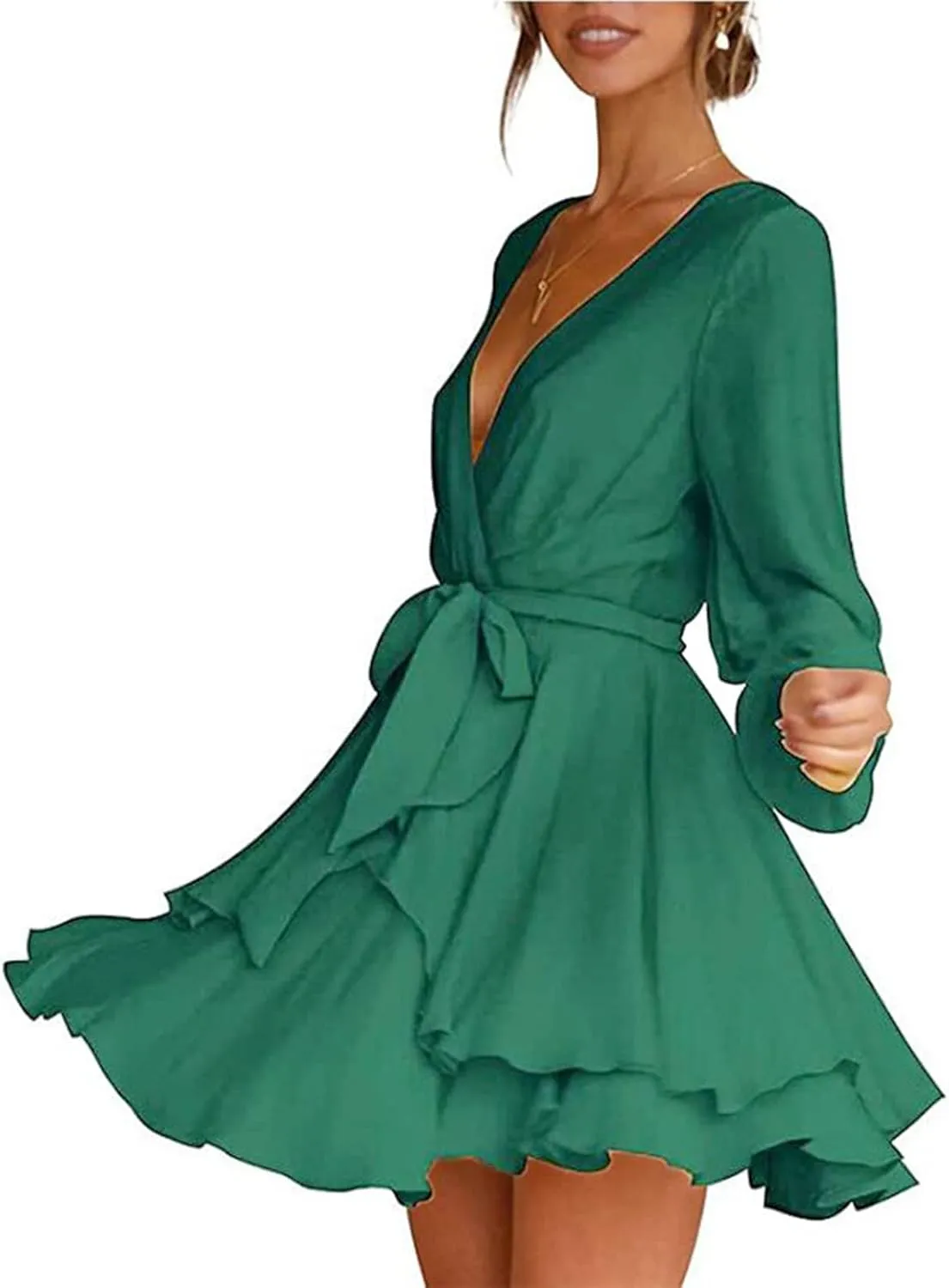 tuduoms Summer Wrap Peplum Dress for Women V Neck Long Sleeve Irregular Dress Waist Tie Ruffle Mini Flowy Skater Dresses