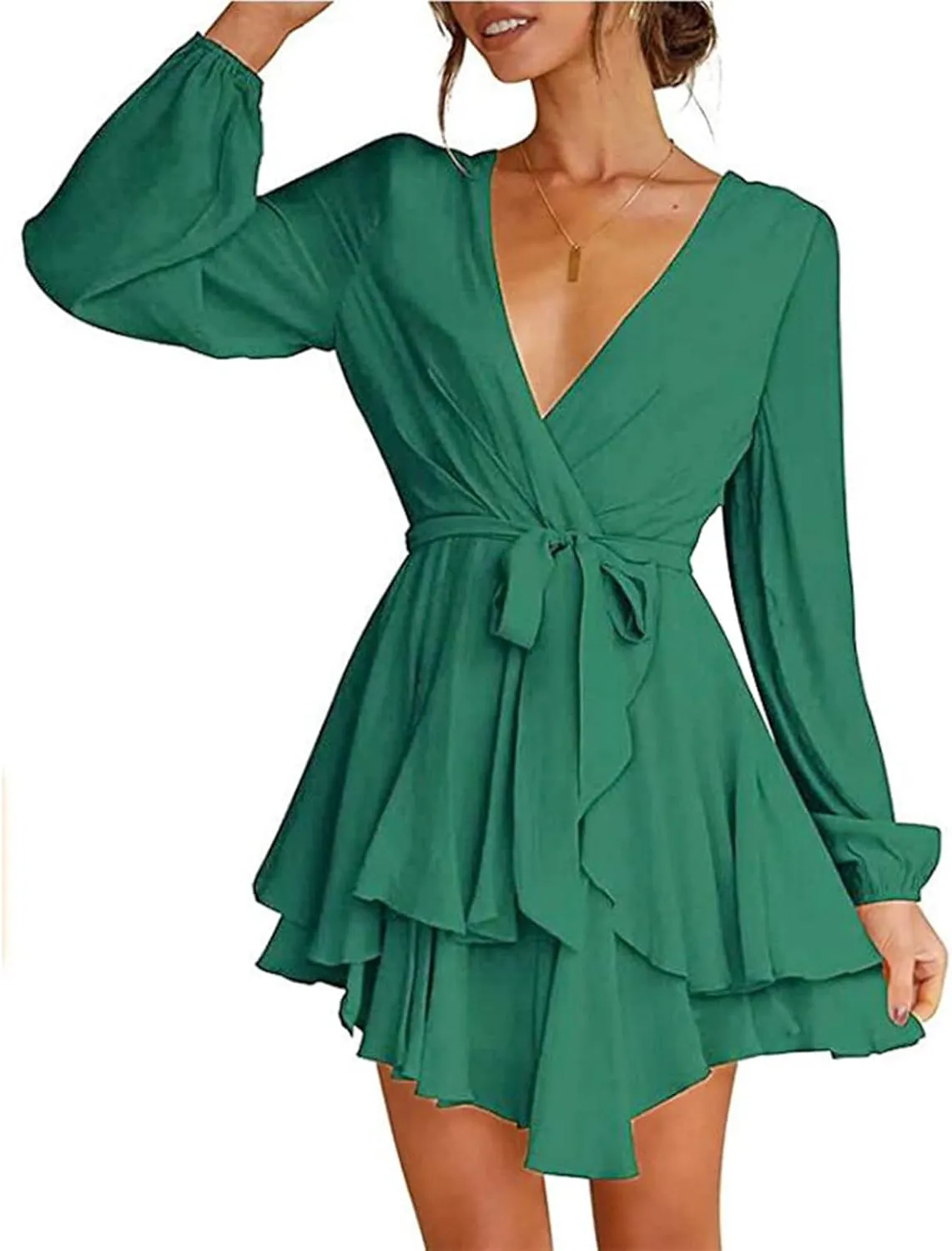tuduoms Summer Wrap Peplum Dress for Women V Neck Long Sleeve Irregular Dress Waist Tie Ruffle Mini Flowy Skater Dresses