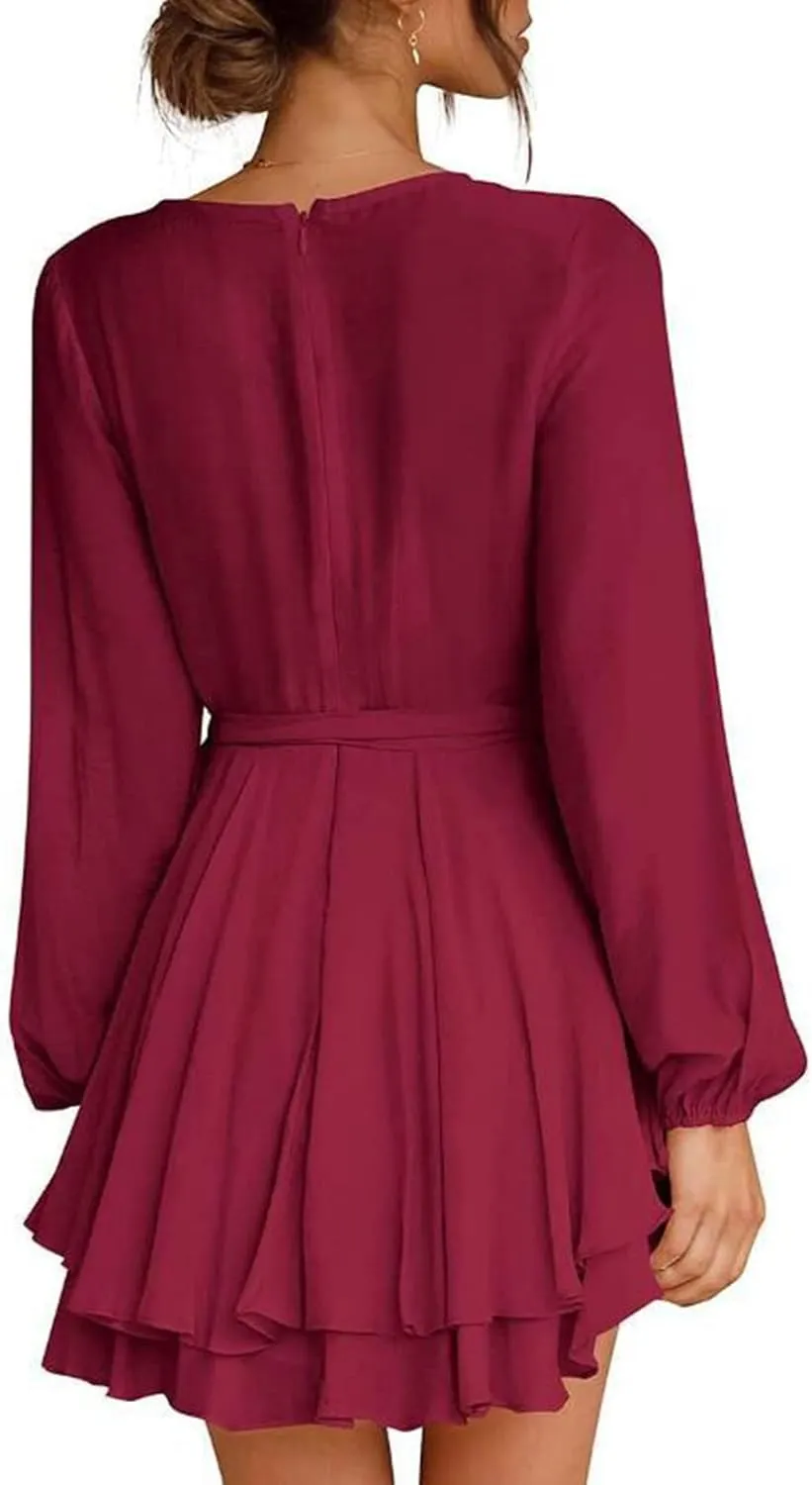 tuduoms Summer Wrap Peplum Dress for Women V Neck Long Sleeve Irregular Dress Waist Tie Ruffle Mini Flowy Skater Dresses