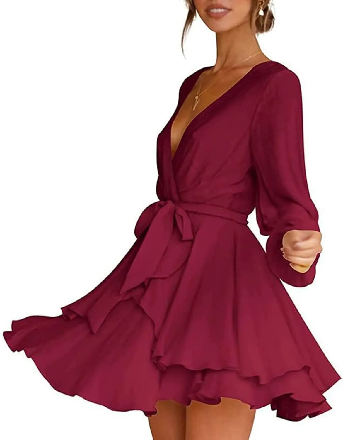 tuduoms Summer Wrap Peplum Dress for Women V Neck Long Sleeve Irregular Dress Waist Tie Ruffle Mini Flowy Skater Dresses