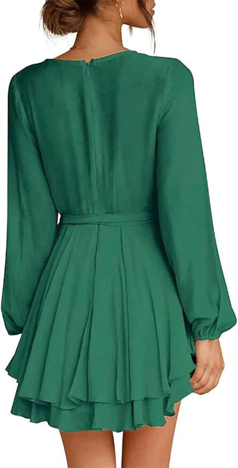 tuduoms Summer Wrap Peplum Dress for Women V Neck Long Sleeve Irregular Dress Waist Tie Ruffle Mini Flowy Skater Dresses