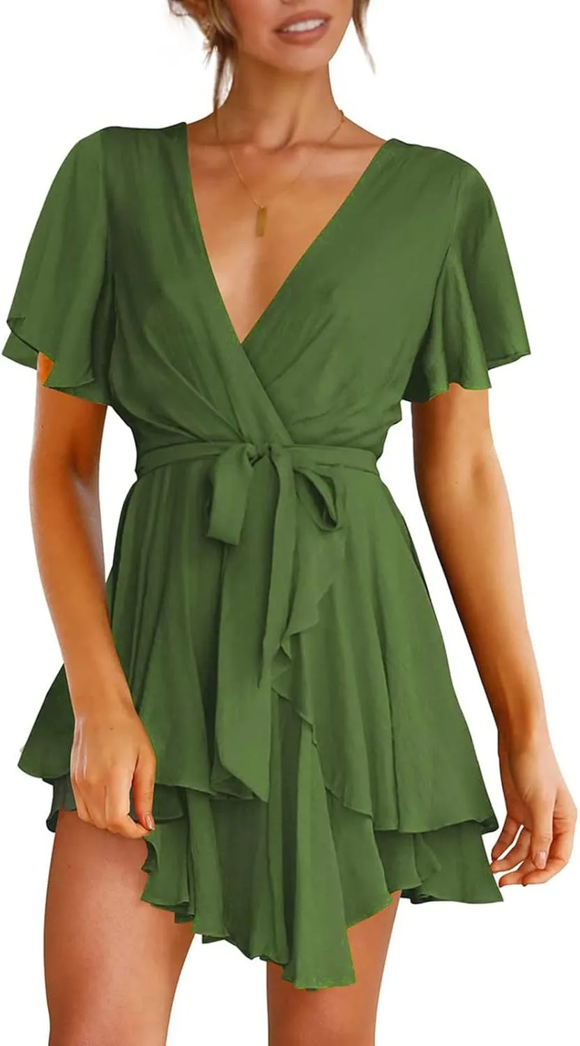 tuduoms Women's Waist Tie Ruffle Mini Dress Wrap V Neck Flowy Casual Summer Dress Short Sleeves Layered Beach Swing Dresses