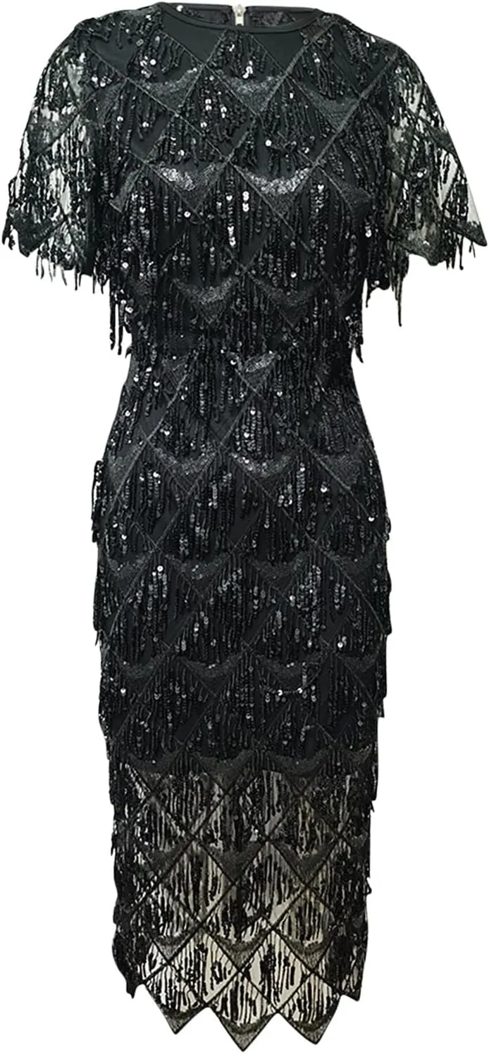 TUNUSKAT Womens Elegant Black Sequin Cocktail Dresses Midi Vintage Short Sleeve Formal Gowns Ladies Glitter Evening Dresses