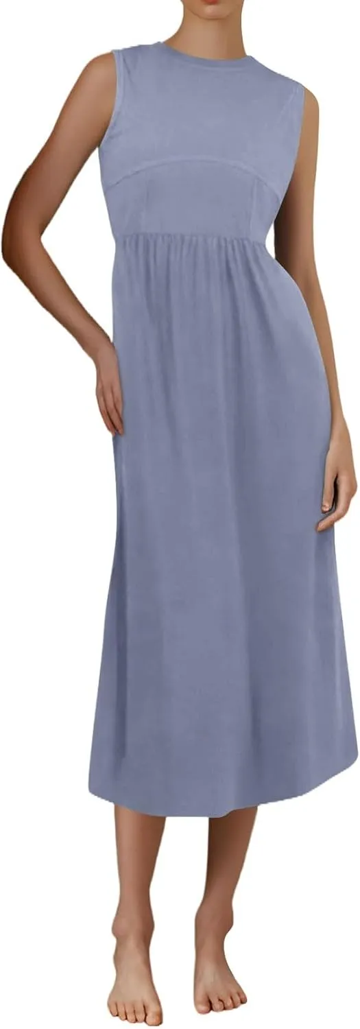 TWGONE Women's Summer Dresses 2025 Casual Sleeveless Patchwork Knit Sundresses Long Flowy Beach Dress with Pockets