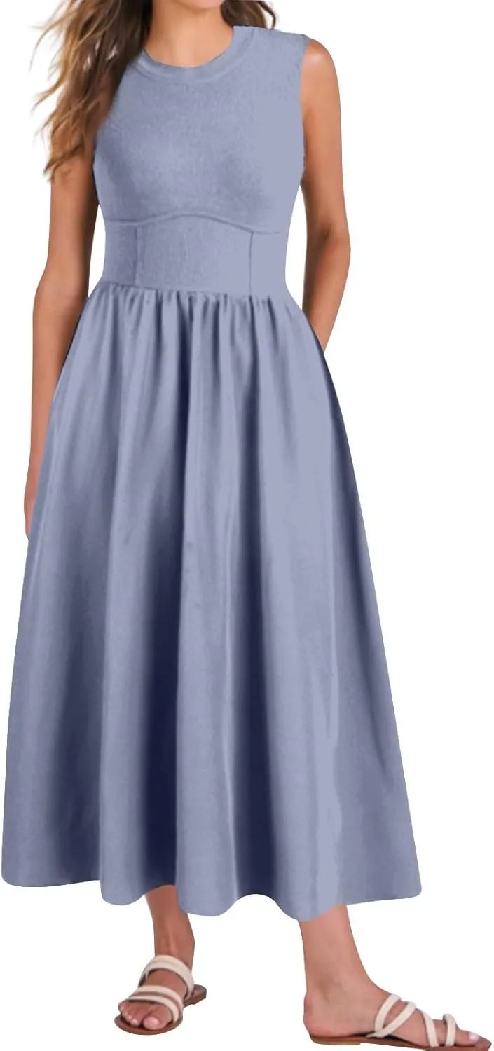 TWGONE Women's Summer Dresses 2025 Casual Sleeveless Patchwork Knit Sundresses Long Flowy Beach Dress with Pockets
