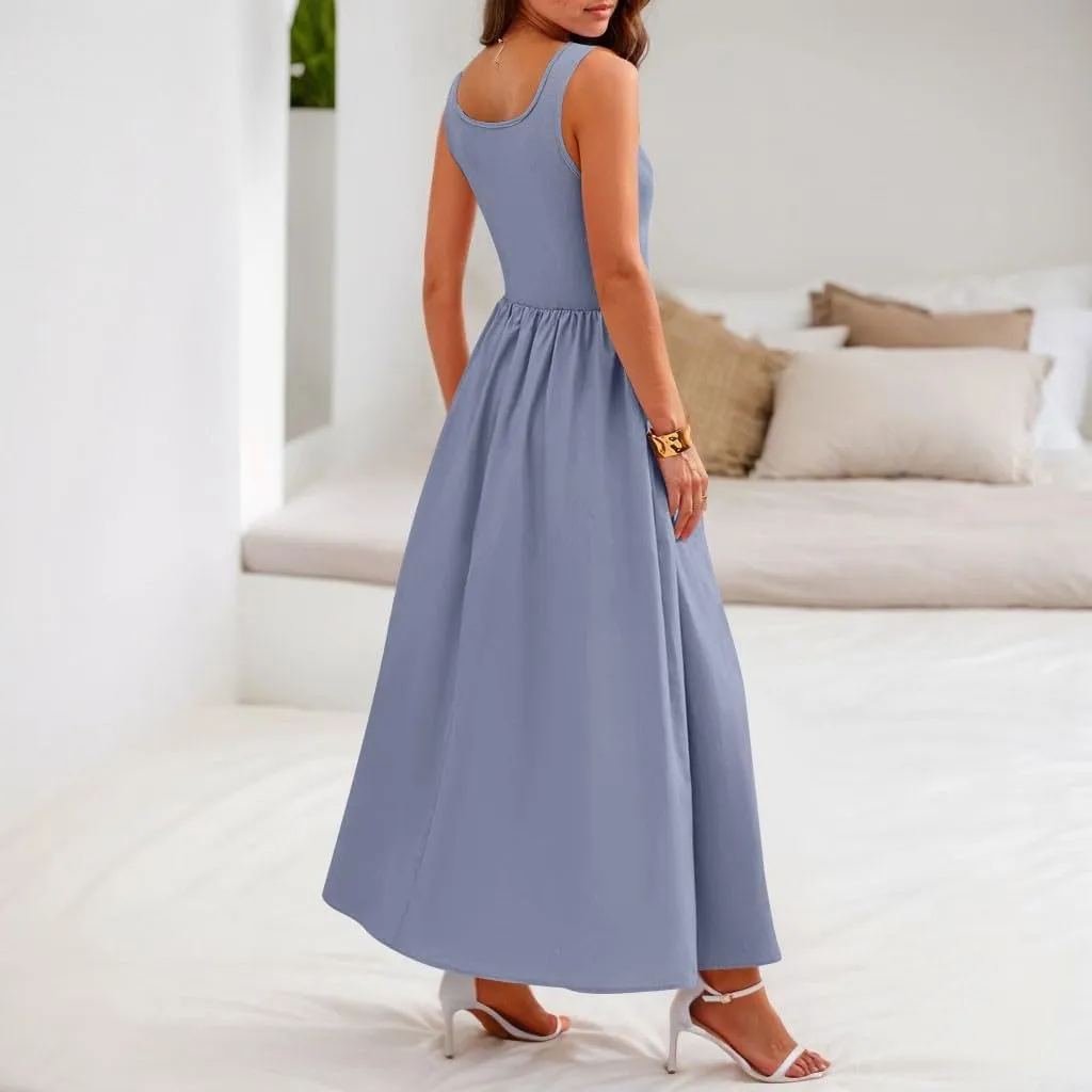 TWGONE Women's Summer Dresses 2025 Casual Sleeveless Patchwork Knit Sundresses Long Flowy Beach Dress with Pockets