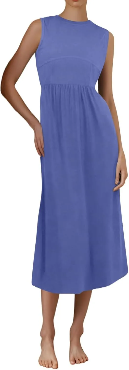 TWGONE Women's Summer Dresses 2025 Casual Sleeveless Patchwork Knit Sundresses Long Flowy Beach Dress with Pockets