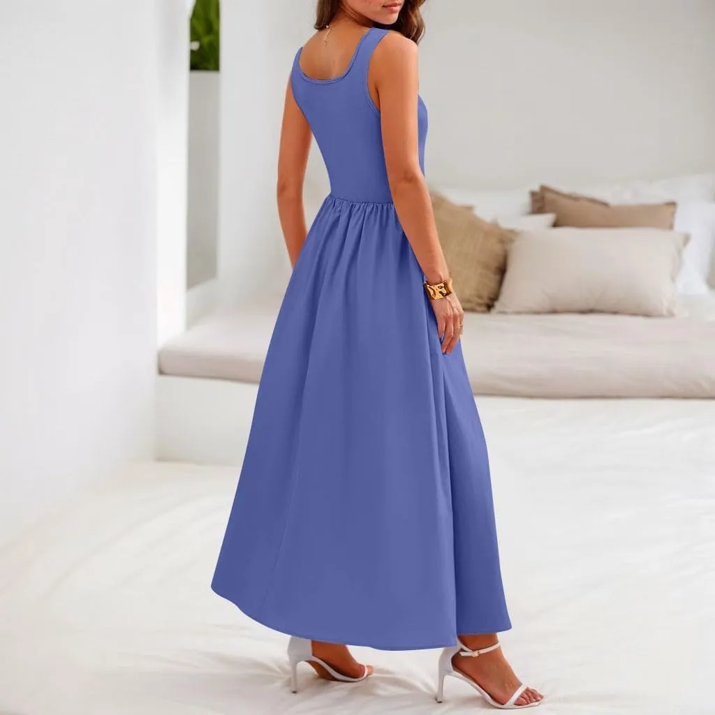TWGONE Women's Summer Dresses 2025 Casual Sleeveless Patchwork Knit Sundresses Long Flowy Beach Dress with Pockets
