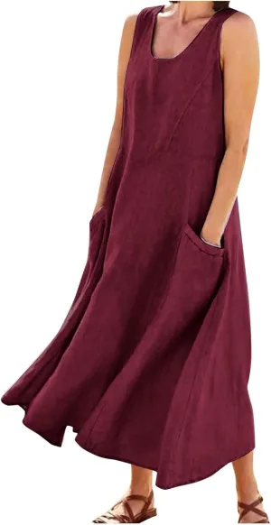 Vacation Dresses for Women 2025 Beach Summer Sleeveless Linen Maxi Dress Boho Flowy Plus Size Sun Dresses with Pocket
