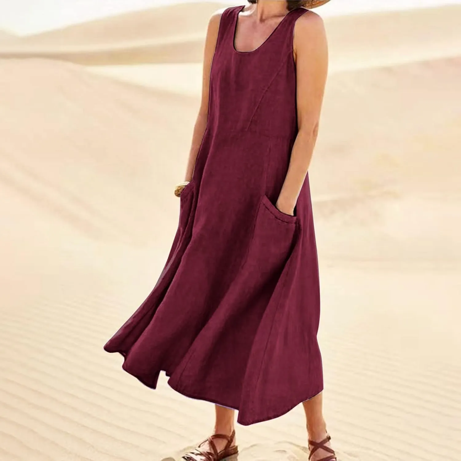 Vacation Dresses for Women 2025 Beach Summer Sleeveless Linen Maxi Dress Boho Flowy Plus Size Sun Dresses with Pocket