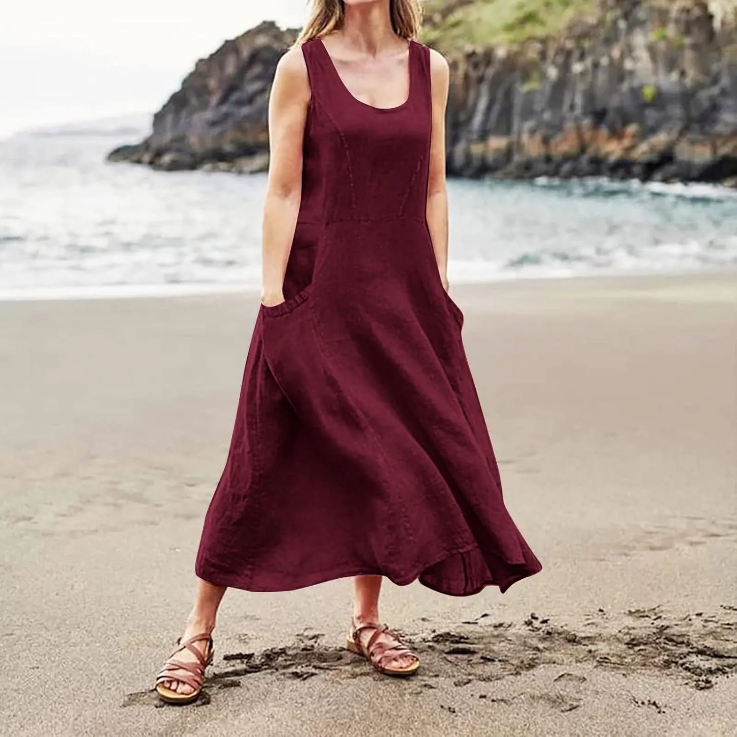 Vacation Dresses for Women 2025 Beach Summer Sleeveless Linen Maxi Dress Boho Flowy Plus Size Sun Dresses with Pocket
