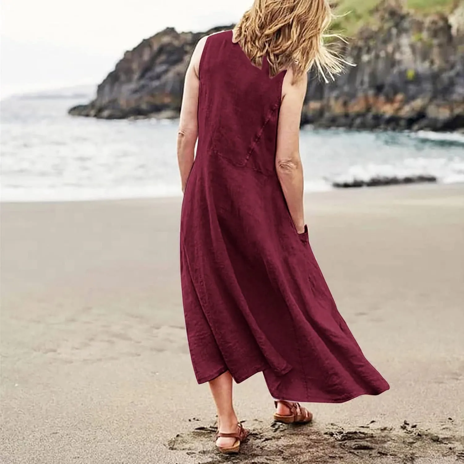 Vacation Dresses for Women 2025 Beach Summer Sleeveless Linen Maxi Dress Boho Flowy Plus Size Sun Dresses with Pocket