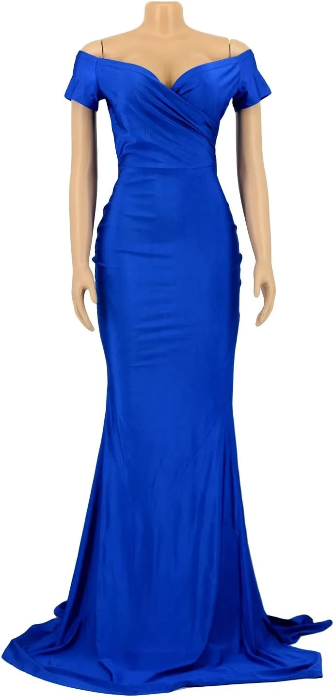 Vakkest Womens Sexy Party Maxi Dress Short Sleeve Off Shoulder V Neck Wrap Side Split Bodycon Evening Cocktail Dresses