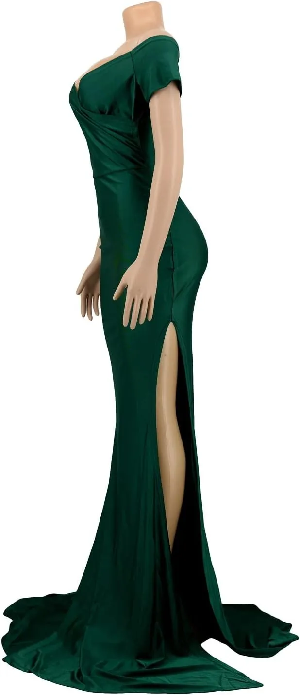 Vakkest Womens Sexy Party Maxi Dress Short Sleeve Off Shoulder V Neck Wrap Side Split Bodycon Evening Cocktail Dresses