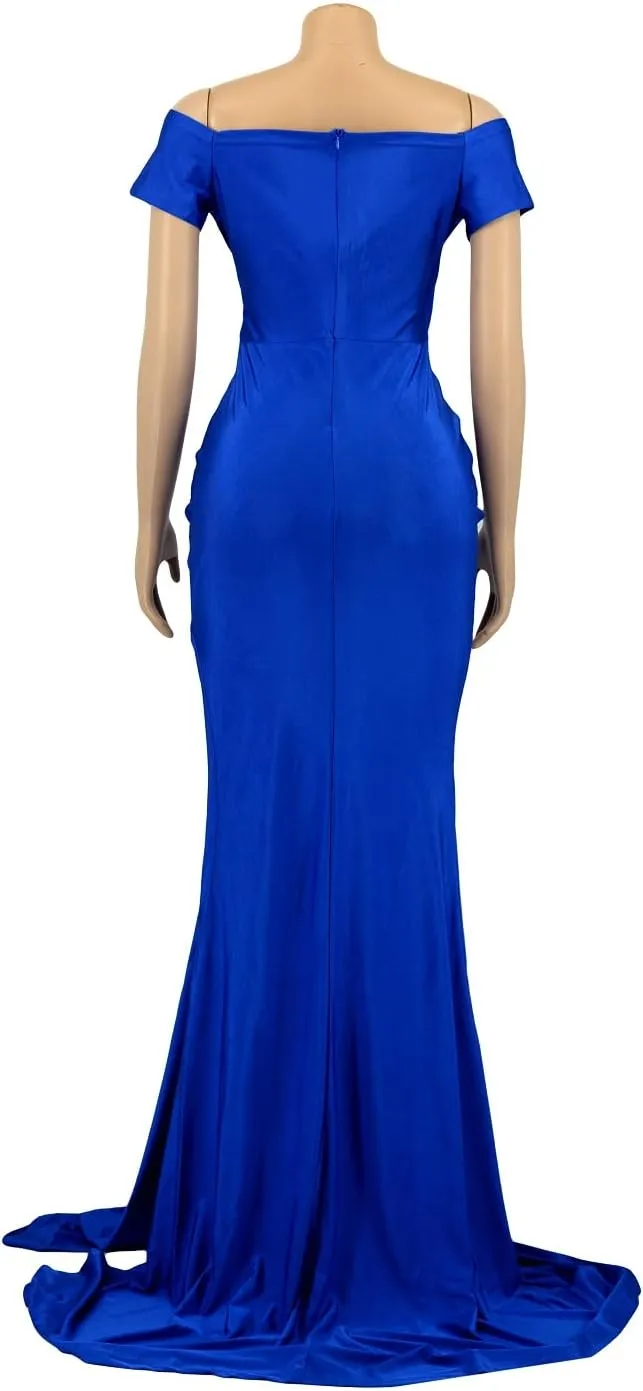 Vakkest Womens Sexy Party Maxi Dress Short Sleeve Off Shoulder V Neck Wrap Side Split Bodycon Evening Cocktail Dresses