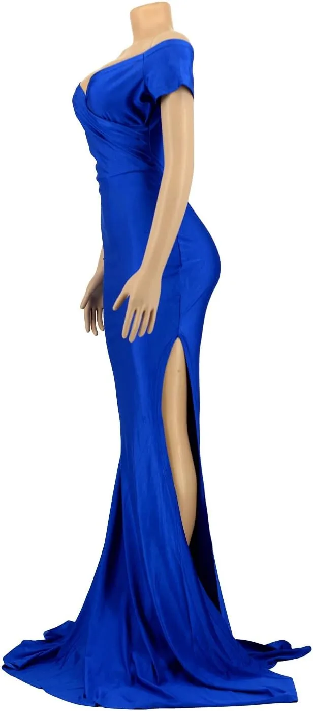 Vakkest Womens Sexy Party Maxi Dress Short Sleeve Off Shoulder V Neck Wrap Side Split Bodycon Evening Cocktail Dresses