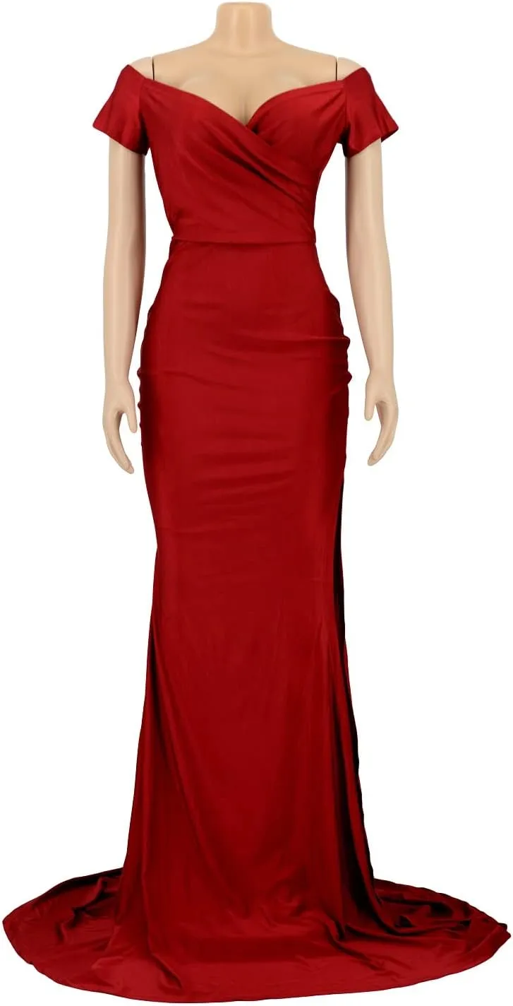 Vakkest Womens Sexy Party Maxi Dress Short Sleeve Off Shoulder V Neck Wrap Side Split Bodycon Evening Cocktail Dresses