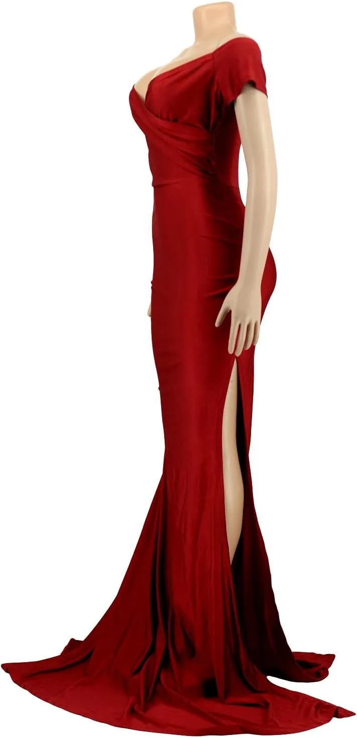Vakkest Womens Sexy Party Maxi Dress Short Sleeve Off Shoulder V Neck Wrap Side Split Bodycon Evening Cocktail Dresses