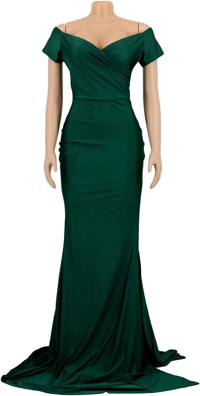 Vakkest Womens Sexy Party Maxi Dress Short Sleeve Off Shoulder V Neck Wrap Side Split Bodycon Evening Cocktail Dresses