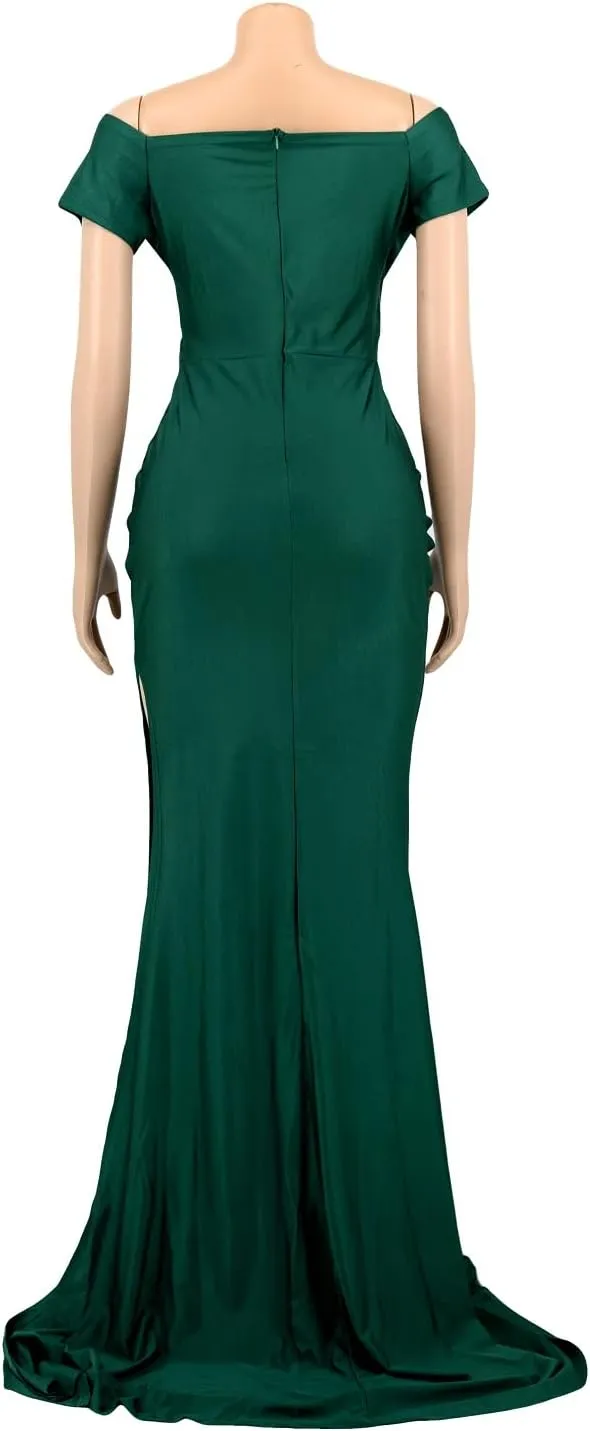 Vakkest Womens Sexy Party Maxi Dress Short Sleeve Off Shoulder V Neck Wrap Side Split Bodycon Evening Cocktail Dresses