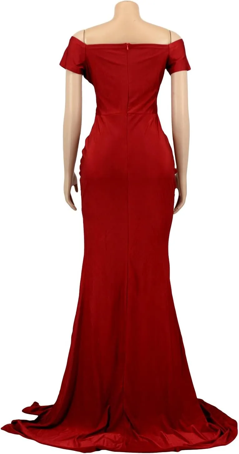 Vakkest Womens Sexy Party Maxi Dress Short Sleeve Off Shoulder V Neck Wrap Side Split Bodycon Evening Cocktail Dresses