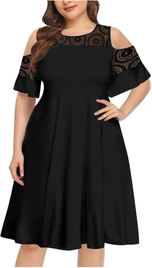 Vintage Cold Shoulder Dresses for Women's Plus Size Elegant Mesh Neck Midi Dress Prom Party Casual A Line Flowy Dress