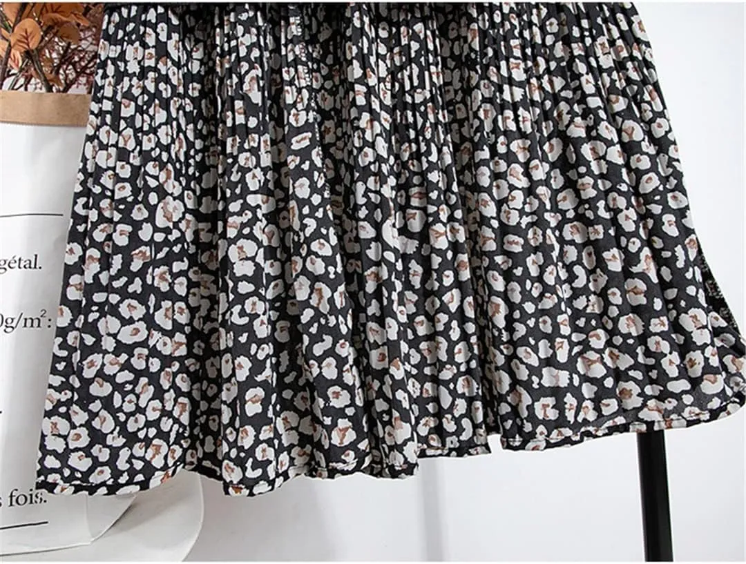 Vintage Leopard Print Chiffon Midi Skirt Women A Line Elastic High Waist Pleated Skirt