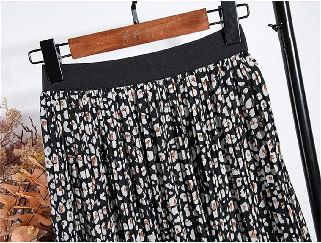Vintage Leopard Print Chiffon Midi Skirt Women A Line Elastic High Waist Pleated Skirt