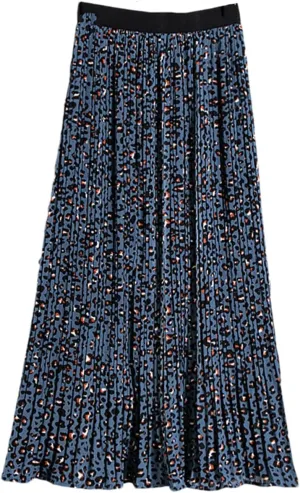 Vintage Leopard Print Chiffon Midi Skirt Women A Line Elastic High Waist Pleated Skirt