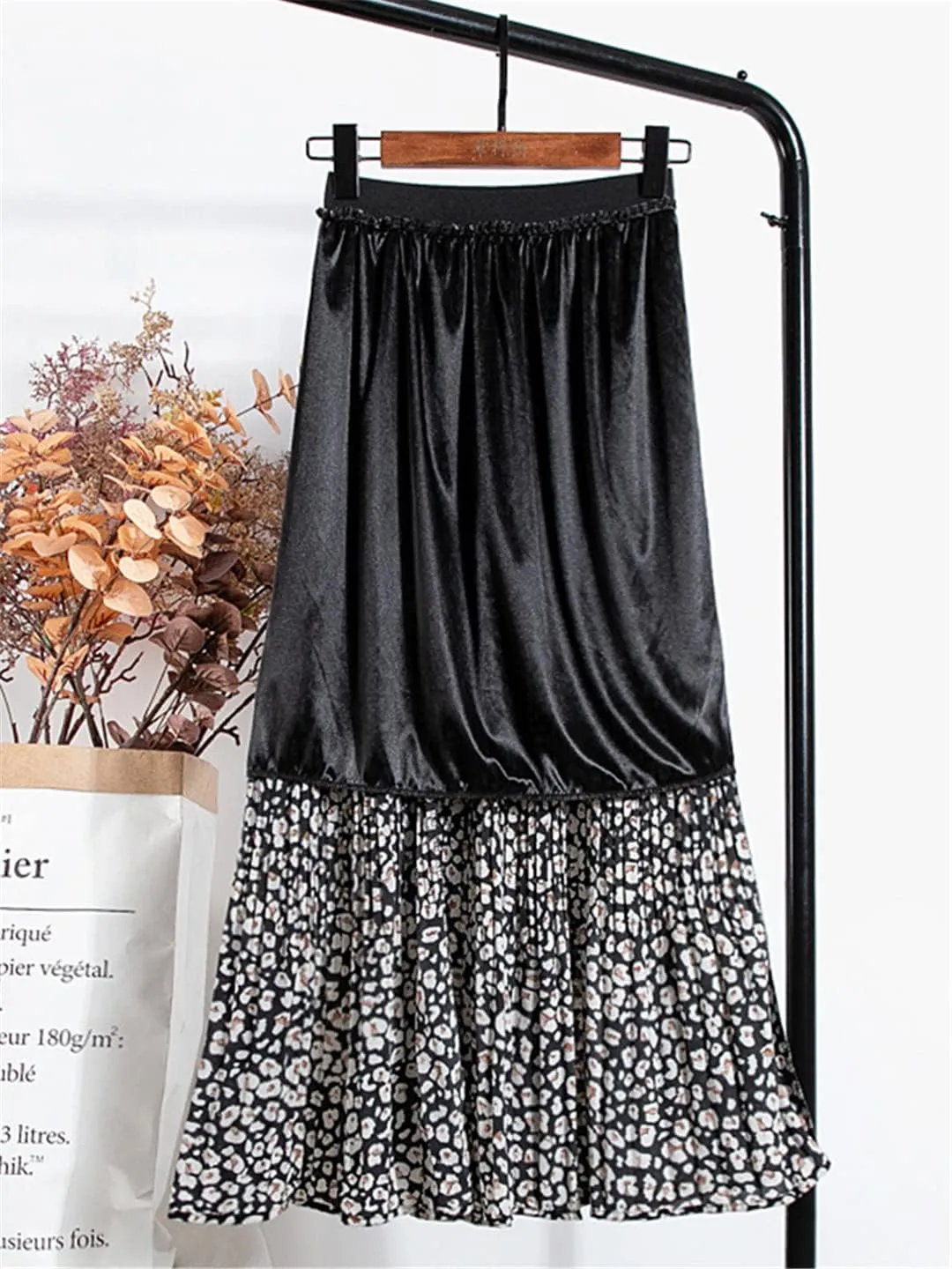 Vintage Leopard Print Chiffon Midi Skirt Women A Line Elastic High Waist Pleated Skirt