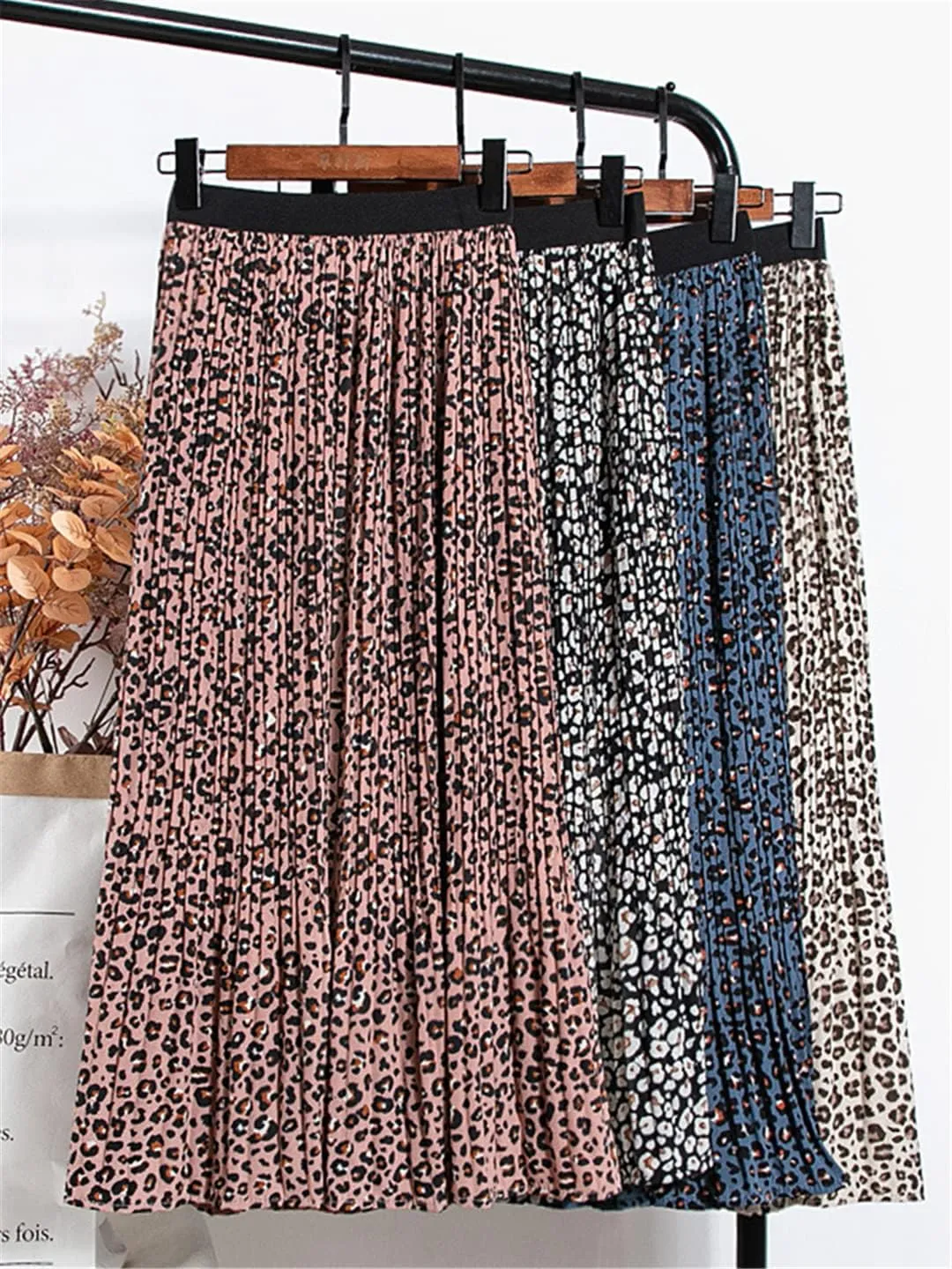Vintage Leopard Print Chiffon Midi Skirt Women A Line Elastic High Waist Pleated Skirt