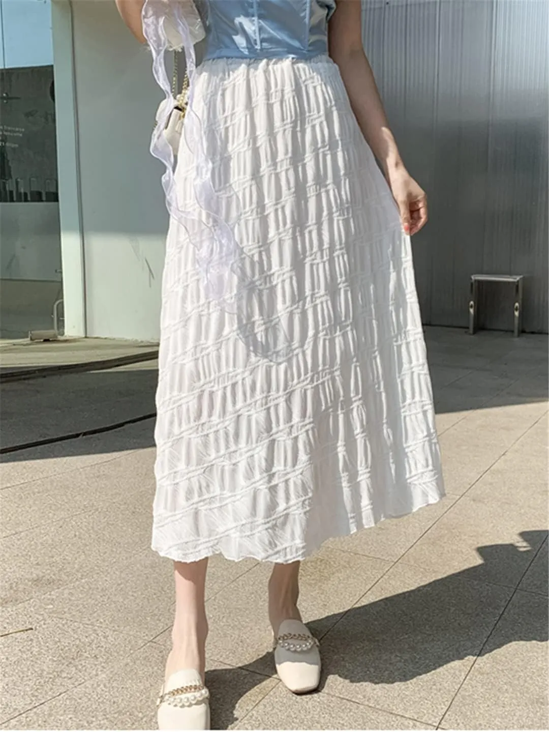 Vintage Pleated Midi Long Skirt Women Spring Summer Casual White Folds High Waist Skirt