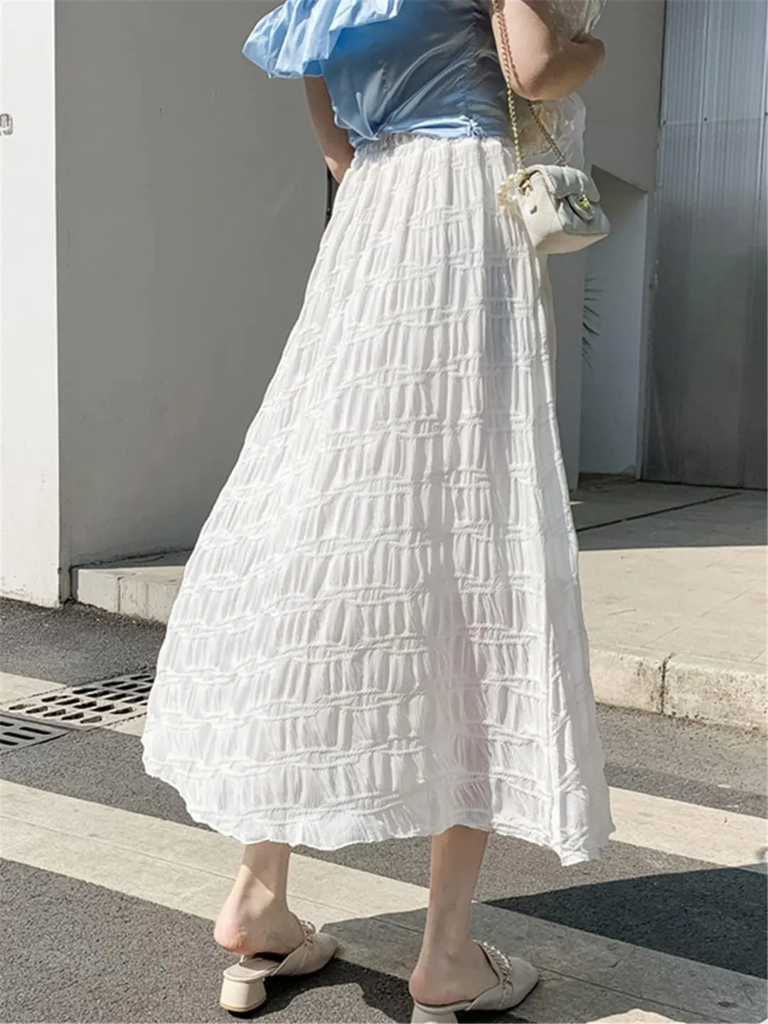 Vintage Pleated Midi Long Skirt Women Spring Summer Casual White Folds High Waist Skirt