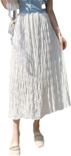 Vintage Pleated Midi Long Skirt Women Spring Summer Casual White Folds High Waist Skirt