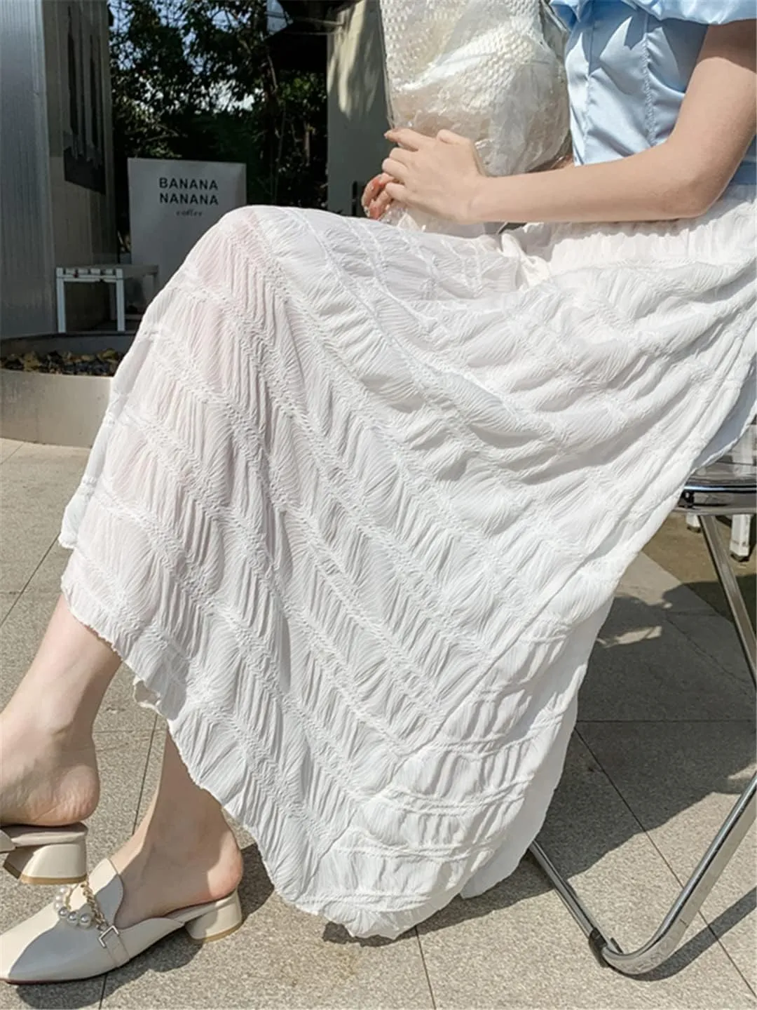 Vintage Pleated Midi Long Skirt Women Spring Summer Casual White Folds High Waist Skirt