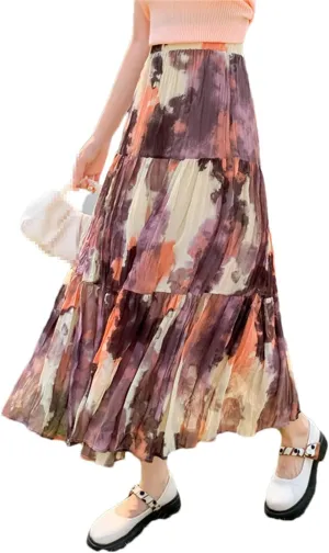 Vintage Slit Chiffon Skirt Women Spring Summer Contrast Print High Waist Pleated Midi Skirt
