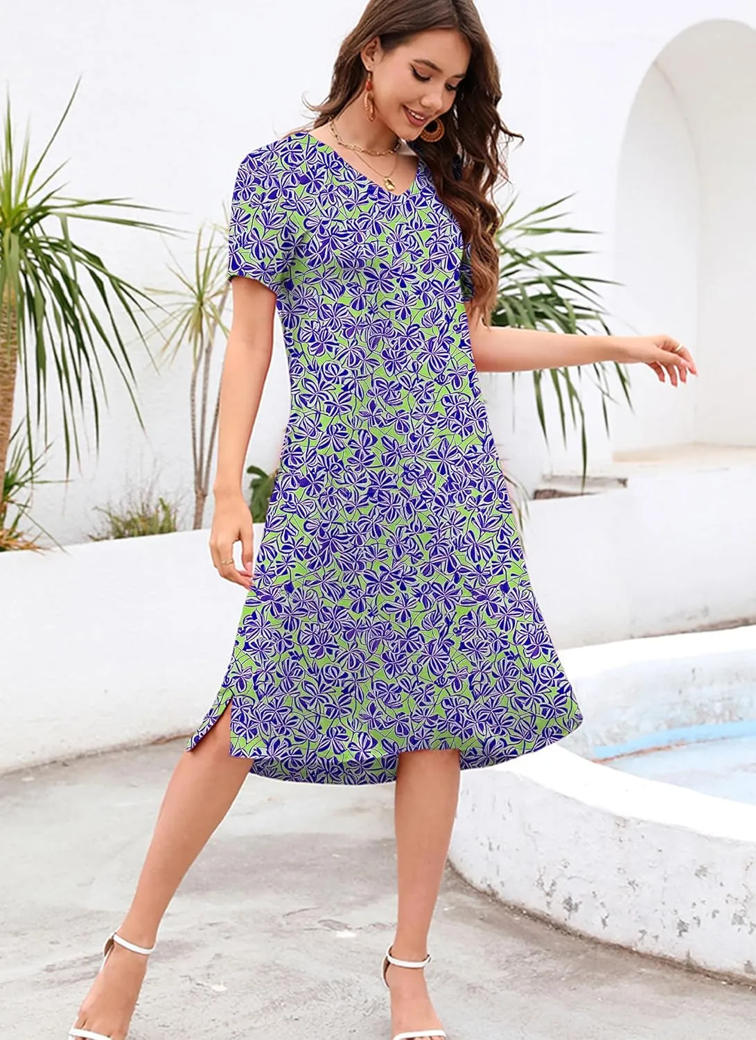 VOBCTY Women's Casual Short Sleeve Tshirt Dress Summer Side Split Loose V Neck Dresses
