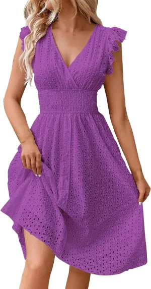 Wedding Guest Dress, Womens Sundresses Vacation Flowy Summer Midi Casual Dresses for Women Ruffle Sleeve Semi Formal