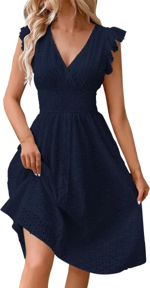Wedding Guest Dress, Womens Sundresses Vacation Flowy Summer Midi Casual Dresses for Women Ruffle Sleeve Semi Formal