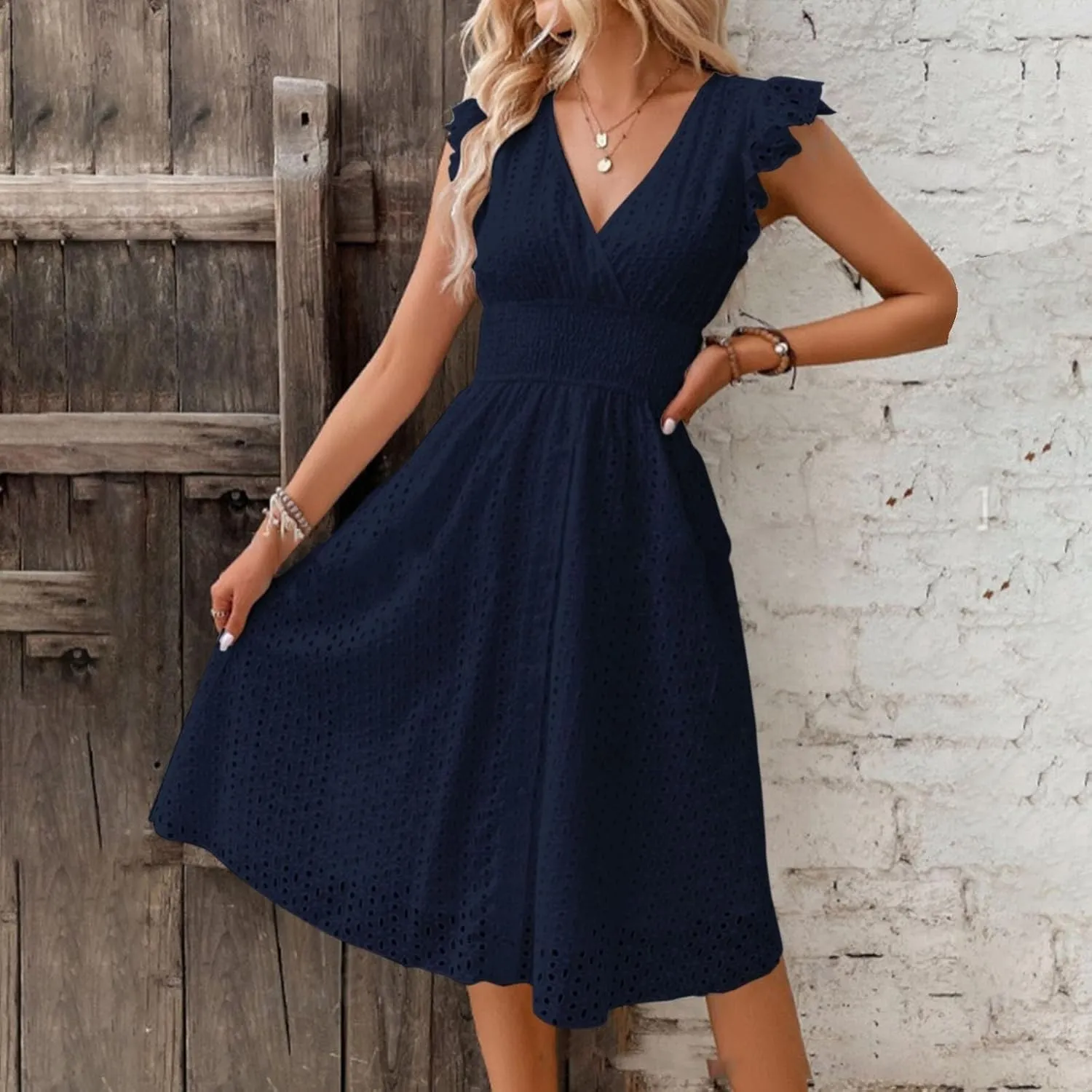 Wedding Guest Dress, Womens Sundresses Vacation Flowy Summer Midi Casual Dresses for Women Ruffle Sleeve Semi Formal