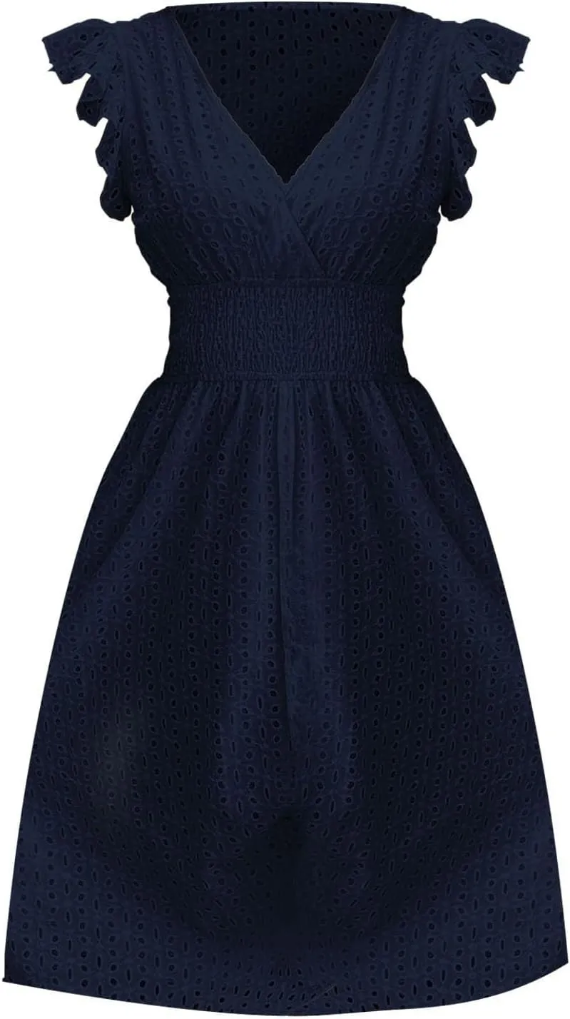 Wedding Guest Dress, Womens Sundresses Vacation Flowy Summer Midi Casual Dresses for Women Ruffle Sleeve Semi Formal