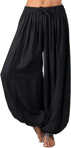 White Linen Pants Women Plus Size Beach Loose Fit Harem Pants with Pockets Pure Color Palazzo Pants for Women
