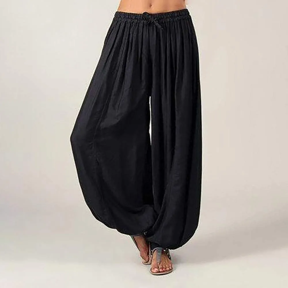 White Linen Pants Women Plus Size Beach Loose Fit Harem Pants with Pockets Pure Color Palazzo Pants for Women