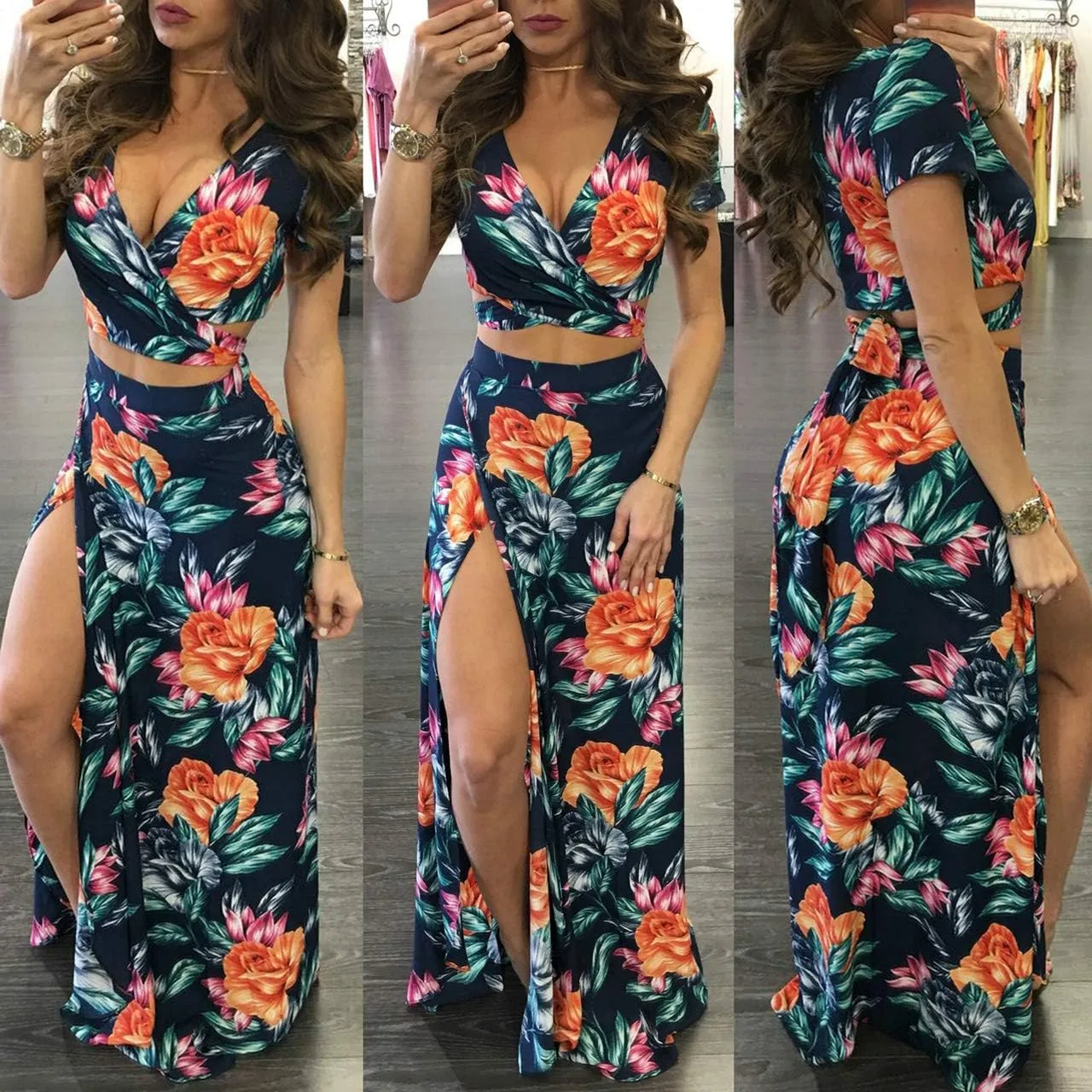 WOKANSE Women's Sexy 2 Piece Outfits Summer Beach Boho Floral Dress V Neck Crop Tops and High Split Maxi Skirt Sets