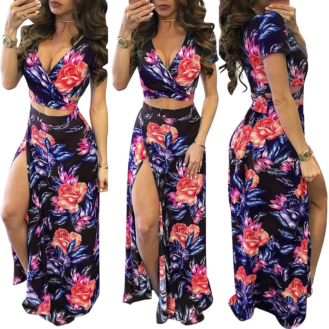 WOKANSE Women's Sexy 2 Piece Outfits Summer Beach Boho Floral Dress V Neck Crop Tops and High Split Maxi Skirt Sets