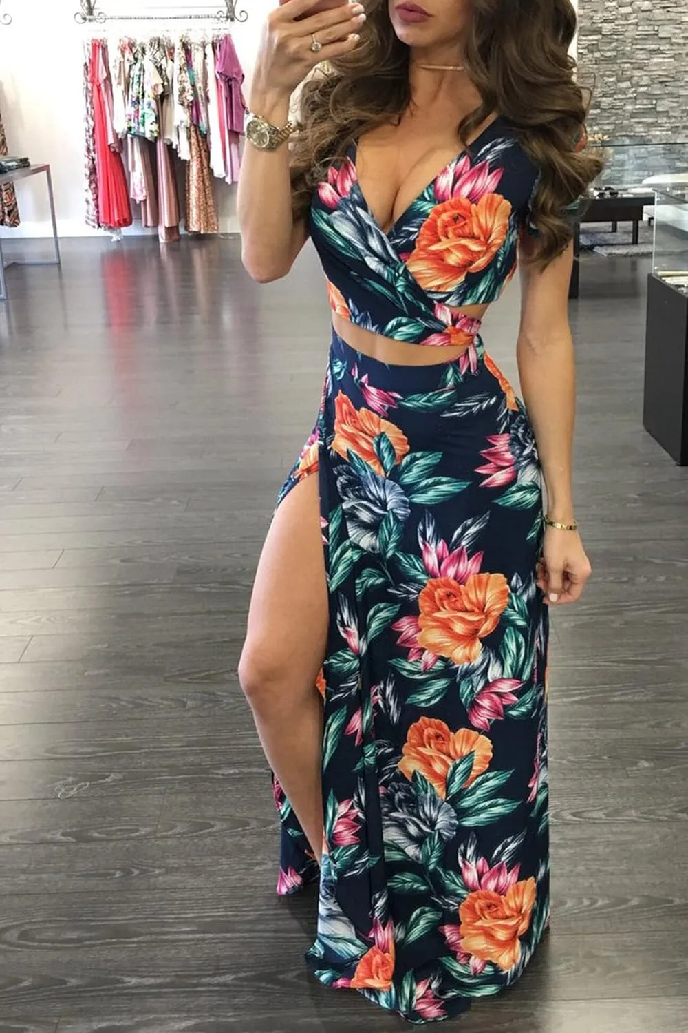 WOKANSE Women's Sexy 2 Piece Outfits Summer Beach Boho Floral Dress V Neck Crop Tops and High Split Maxi Skirt Sets