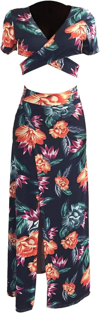 WOKANSE Women's Sexy 2 Piece Outfits Summer Beach Boho Floral Dress V Neck Crop Tops and High Split Maxi Skirt Sets